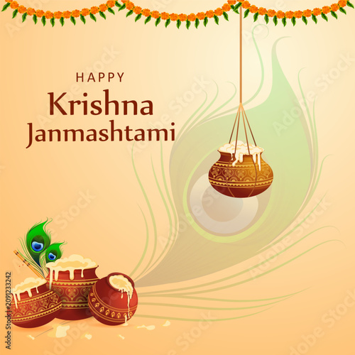 Krishna Janmashtami Greeting Card with Dahi Handi and Peacock Feather Vector