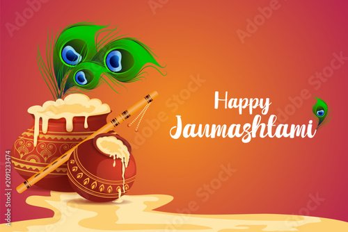 Krishna Janmashtami Greeting Card with Dahi Handi and Peacock Feather Vector