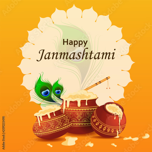 Krishna Janmashtami Greeting Card with Dahi Handi and Peacock Feather Vector