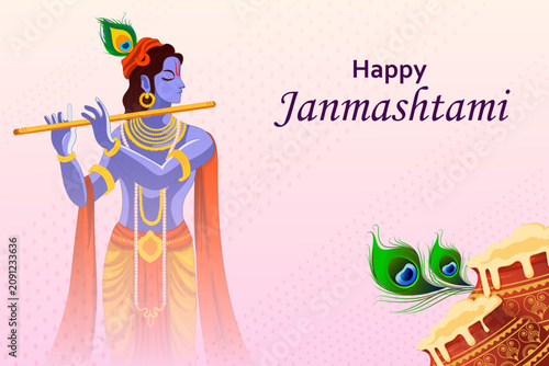 Happy Krishna Janmashtami Greeting Banner with Lord Krishna Vector