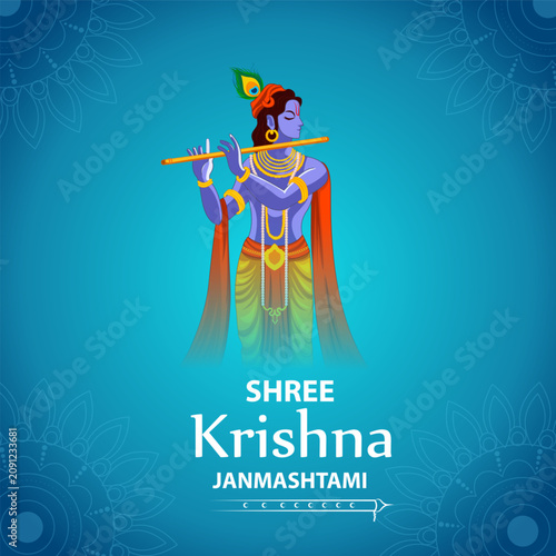 Happy Krishna Janmashtami Greeting Banner with Lord Krishna Vector