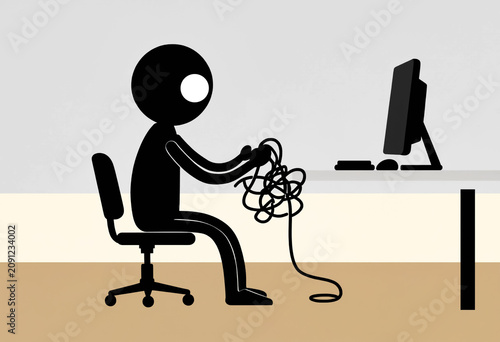 Stick figure sitting at a computer desk untangling a messy bundle of cables. Flat design illustration.