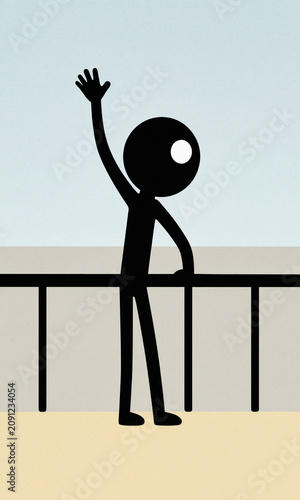 Stick figure standing at a ship deck railing waving goodbye. Flat design illustration.