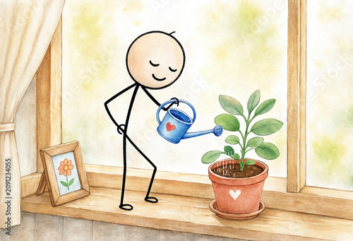 Cute stick figure watering a potted houseplant on a window sill with a small blue can. Watercolor illustration.
