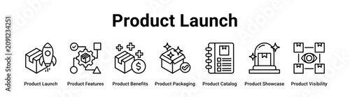 Product Launch web banner icon vector illustration concept for business with icon of Product Launch, Product Features, Product Benefits, Product Packaging, Product Catalog, Product Showcase, Product.