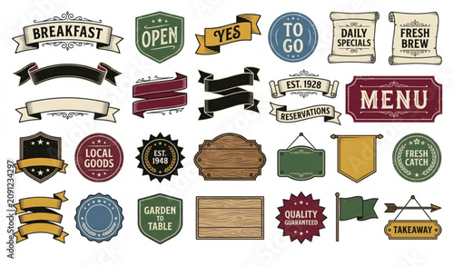 Foto Vintage Ribbon Banner and Retro Signboard Vector Set with Breakfast Open Menu Ty
