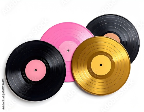 Four colorful vinyl records arranged on a white background
