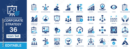Corporate Strategy 36 editable solid icon set. Business planning, leadership, decision making, growth, SWOT, risk management and analytics vector icons for UI, UX, web and app design.