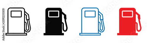 Foto Gas pump icon set featuring four different styles, fuel station symbols for transportation, energy, automotive services, and vehicle refueling concepts
