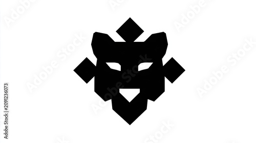 Stylized geometric representation of a feline head encased within a symmetrical angular emblem forms a striking black and white icon