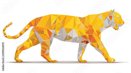 Striking feline profile rendered in vibrant geometric polygons walking across a white background