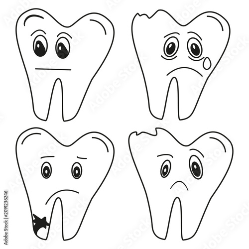 Severe dental trauma and decay set. Broken and painful tooth icons. Vector cartoon characters