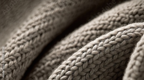 Thickly knitted fabric displays deep texture and soft, muted coloration in a close up view.
