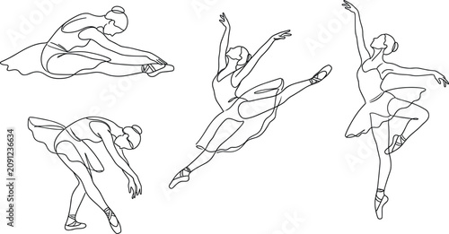 Elegant Ballet Dancer Continuous One Line Art Set Featuring Ballerinas in Jumping, Stretching, and Dancing Poses Vector Illustration