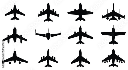 Canvastavla Aircraft icon set featuring black airplane symbols, air travel graphics for aviation, transportation, flight routes, travel apps, and tourism design