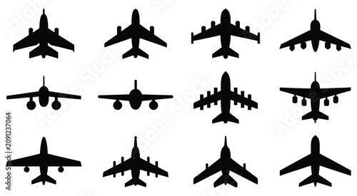 Konstfotografi Aircraft icon set featuring black airplane symbols, air travel graphics for aviation, transportation, flight routes, travel apps, and tourism design