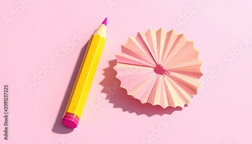 Bright yellow pencil and pastel pink paper shavings on a pink backdrop