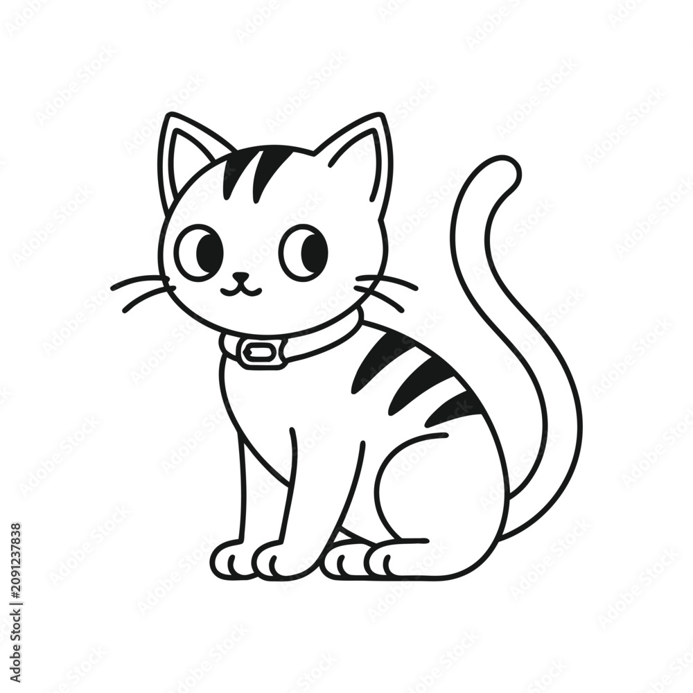 Obraz premium Cute cartoon tabby cat with collar line art