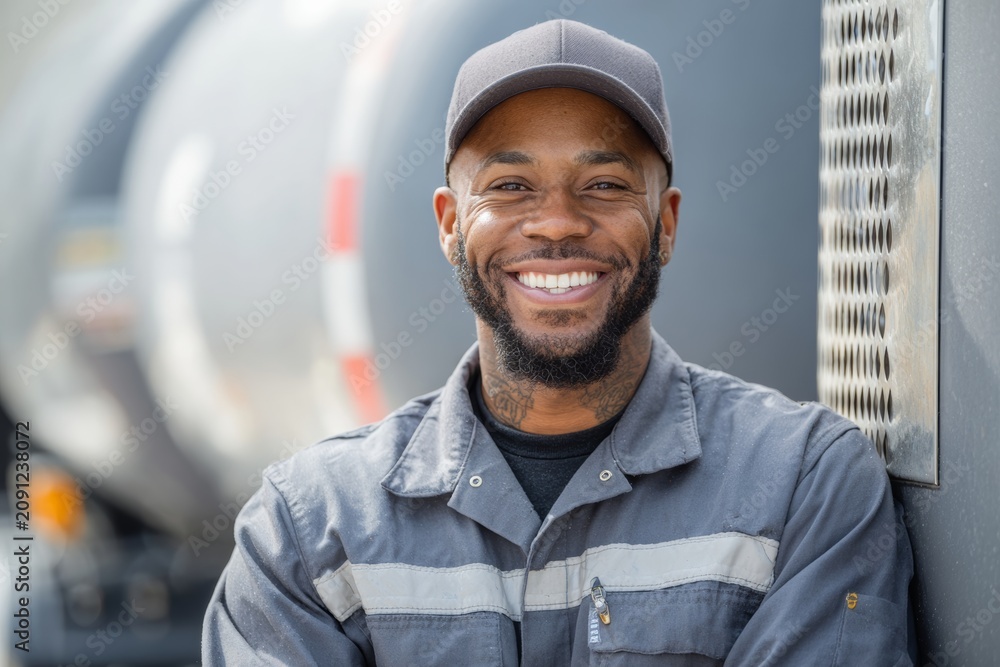 Fototapeta premium Portrait of a smiling propane technician in uniform standing beside a propane tank or truck, neutral and uncluttered background, warm approachable tone.