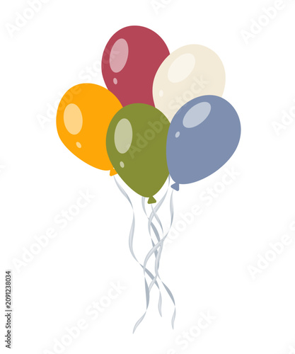 Balloon bouquet with five round party balloons. Vector illustration in soft pastel flat style. Festive celebration clipart for greeting cards, invitations, posters, gift packaging, and birthday decor.