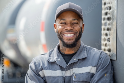 Portrait of a smiling propane technician in uniform standing beside a propane tank or truck, neutral and uncluttered background, warm approachable tone. 