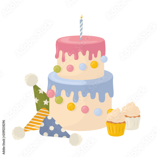 Birthday cake with candle, party hats and cupcakes. Vector illustration in soft pastel flat style. Festive dessert composition for greeting cards, invitations, posters, nursery decor, party packaging.