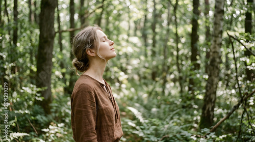 Peaceful Woman Breathing in Lush Green Forest, Mindful Relaxation and Nature Meditation