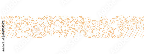 Rainy weather cloud, sun rays and moon seamless border. Single outline drawing for sky themed design, climate graphic with water drop and nature print. Vector minimal nature wallpaper, autumn pattern