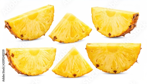 Six juicy pineapple wedges, with textured skin and bright yellow flesh