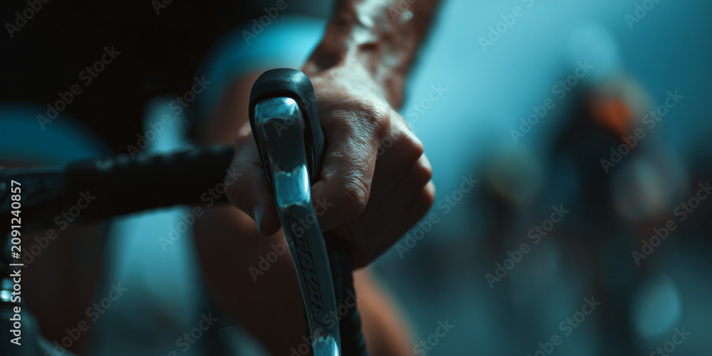 Fototapeta premium Close-up of a cyclist's hand gripping the handlebars, showing determination and focus during a race. The blurred background suggests speed and competition.