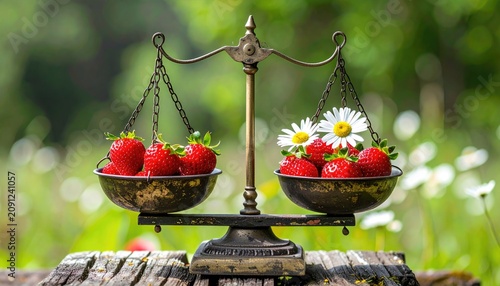 Scales of justice balance fresh strawberries and daisies outdoors