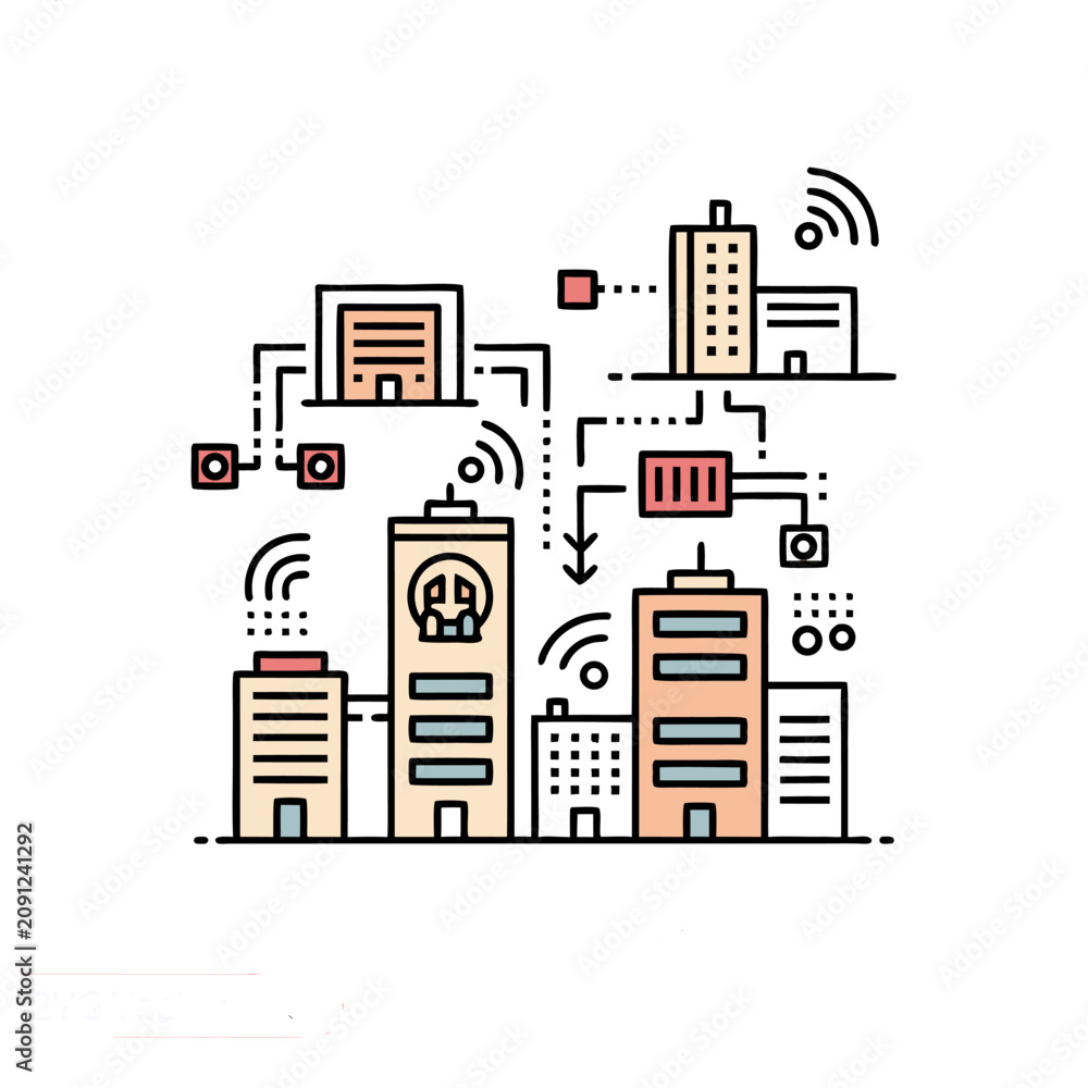 Obraz premium Smart city network connectivity diagram with buildings and wifi, buildings
