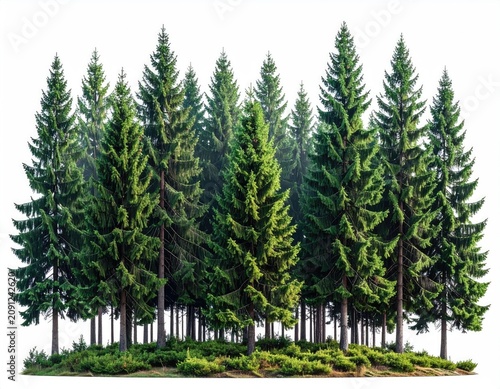 Dense evergreen forest with tall conical trees and a carpet of green ground cover