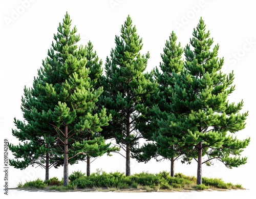A cluster of evergreen trees with lush green foliage against white