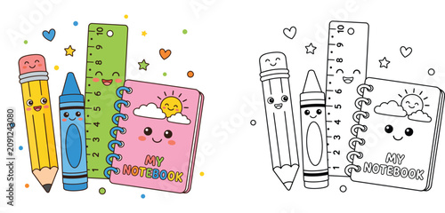 Foto Cute school supplies coloring page with kawaii pencil, ruler, crayon, and notebo