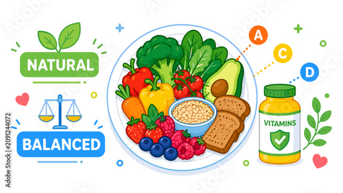 Cuadro en lienzo Healthy meal with vibrant produce and a vitamin bottle