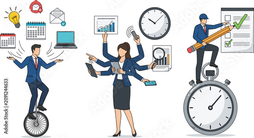 Time Management and Business Multitasking Vector Concept Set Featuring Office Professionals Juggling Tasks, Handling Deadlines, and Completing Checklists Efficiently