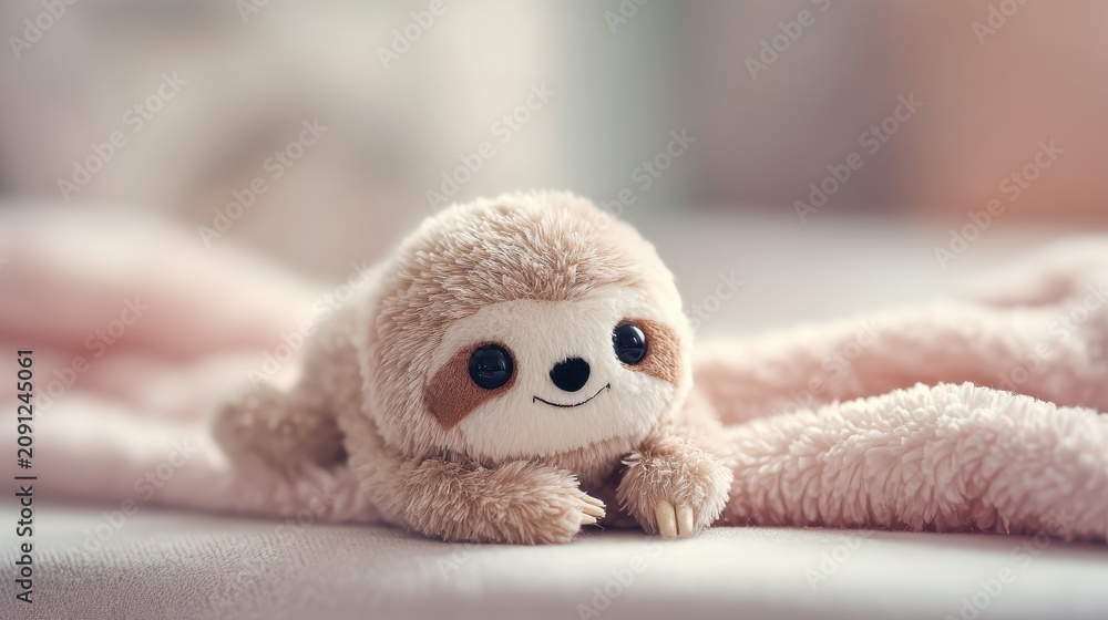 Fototapeta premium Cute sloth plush toy relaxing on soft blanket with vibrant background. This adorable sloth plush toy captures a cozy moment on a soft blanket in a warm setting
