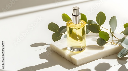 Elegant Natural Perfume Bottle with Eucalyptus Leaves in Sunlight