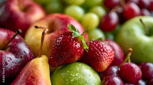 A vibrant close up of assorted fresh fruits including strawberries  s  pears  grapes  and cherries with dew drops