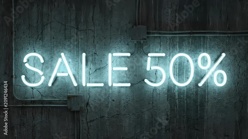 Flickering neon sign showing SALE 50% in bright cyan light with electric sparks on a dark cracked concrete wall