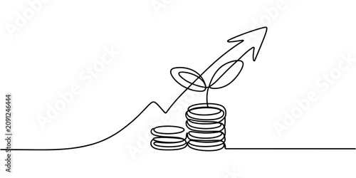 Continuous One Line Drawing of Growing Coin Stack, Money Plant and Upward Arrow