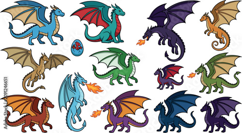 Obraz na płótnie Fantasy Mythical Dragon Character Vector Set with Fire Breathing Flying Monsters