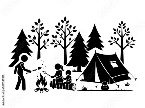 Family Camping Trip Enjoying Campfire Marshmallows.