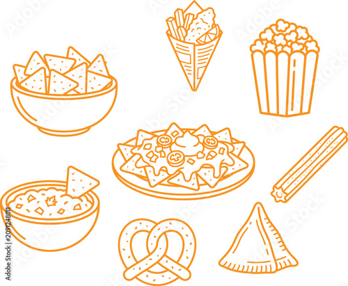 Set of tasty fast food snacks and delicious cinema treats line art