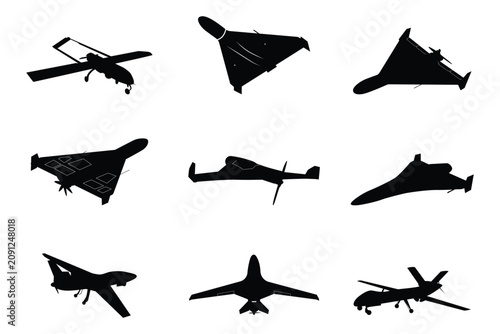 Collection of modern military combat drone silhouettes featuring multiple unmanned aerial vehicle designs. Black vector set isolated on transparent background