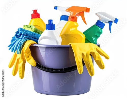 Bucket brimming with cleaning supplies, gloves, sponges, and cloths