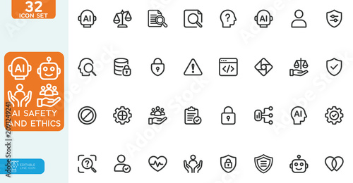 Bild auf Leinwand AI Safety and Ethics Vector illustration line editable Icons set