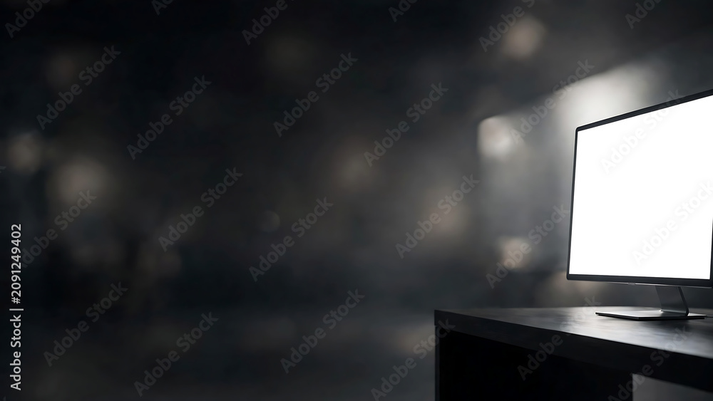 Fototapeta premium Minimalist Workspace Featuring a Bright Computer Display against a Dark Atmospheric Background
