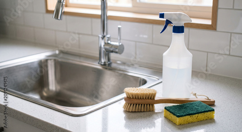 Canvas Print Spray bottle, brushes, sponges, and folded cloths beside a sink for cleaning a k